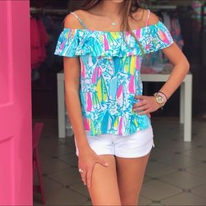 Lilly Pulitzer Off-Shoulder Ruffle Top in Turquoise Multi